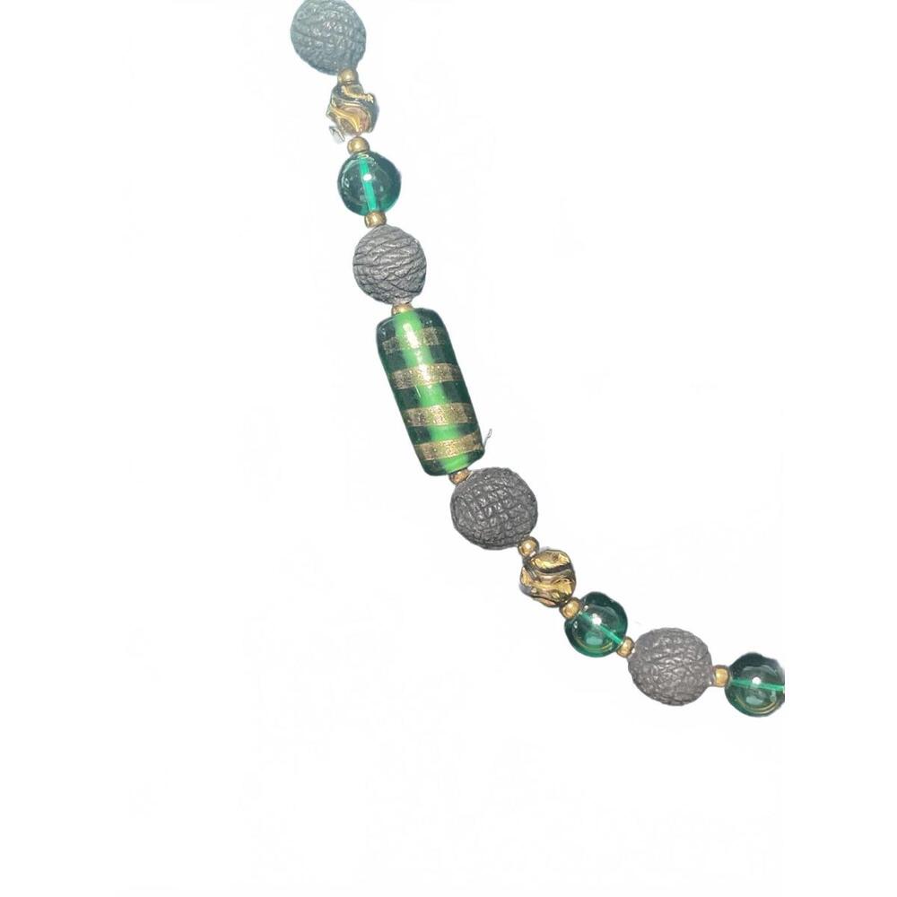 Vintage Glass Bead Black and Green Beaded Necklace